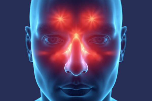 Ilustração dos seios da face inflamados, mostrando regiões da testa, nariz e olhos afetadas pela sinusite.