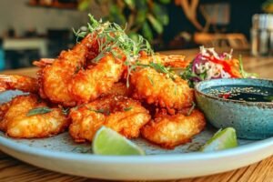 Camarões fritos, um limão cortado e molho