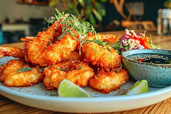 Camarões fritos, um limão cortado e molho