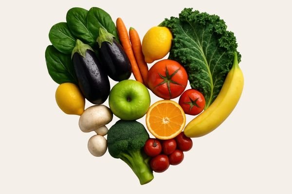 Alimentos naturais como legumes, frutas, grãos e proteínas frescas.