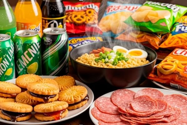 Alimentos ultraprocessados como salgadinhos, refrigerantes e produtos industrializados.