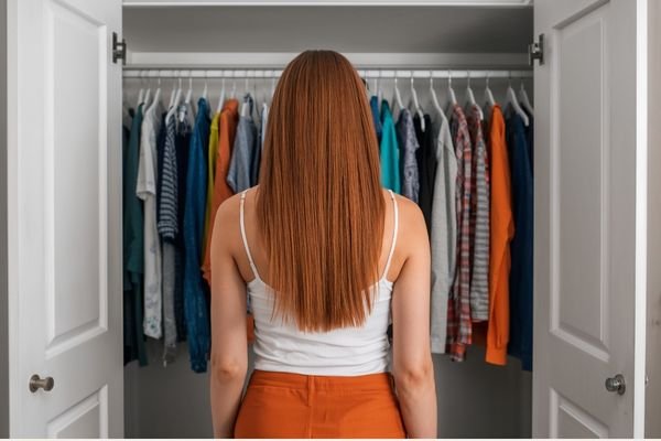 Interior de armário com manchas de mofo em roupas e paredes internas.