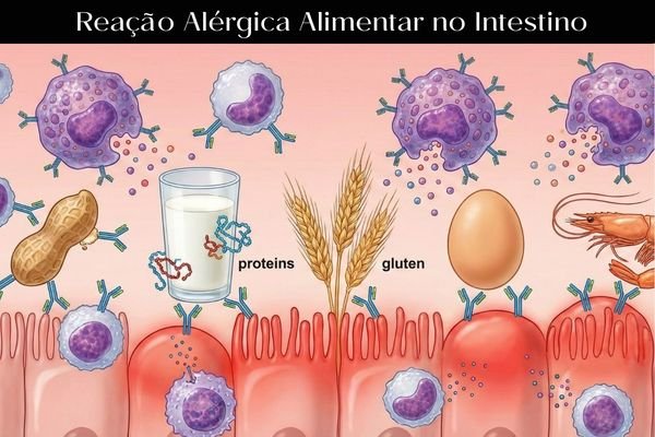 Ilustração do sistema imunológico reagindo a alimentos comuns, representando alergias alimentares.