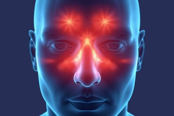 Ilustração dos seios da face inflamados, mostrando regiões da testa, nariz e olhos afetadas pela sinusite.
Imagem explicativa sobre a inflamação dos seios da face, destacando as áreas afetadas pela sinusite e seus principais sintomas.