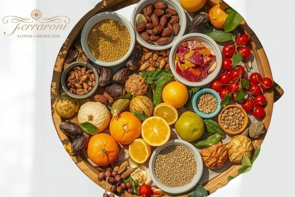 Mesa com frutas cítricas, castanhas, vegetais e sementes ricas em vitaminas e minerais que fortalecem a imunidade.
