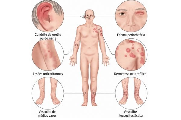Manifestações dermatológicas e inflamatórias descritas em pacientes com Síndrome VEXAS. Imagem meramente ilustrativa para fins educativos.